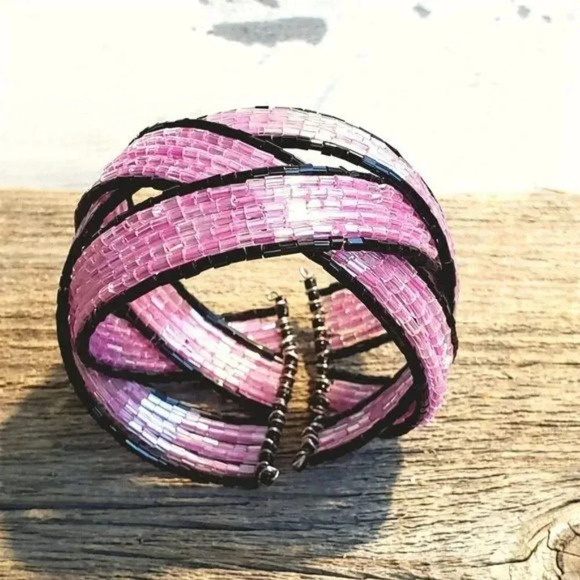 Pink Black Vintage Y2K 90s Striped Pretzel Memory Wire Cuff Bracelet Barbie Core - Picture 4 of 8
